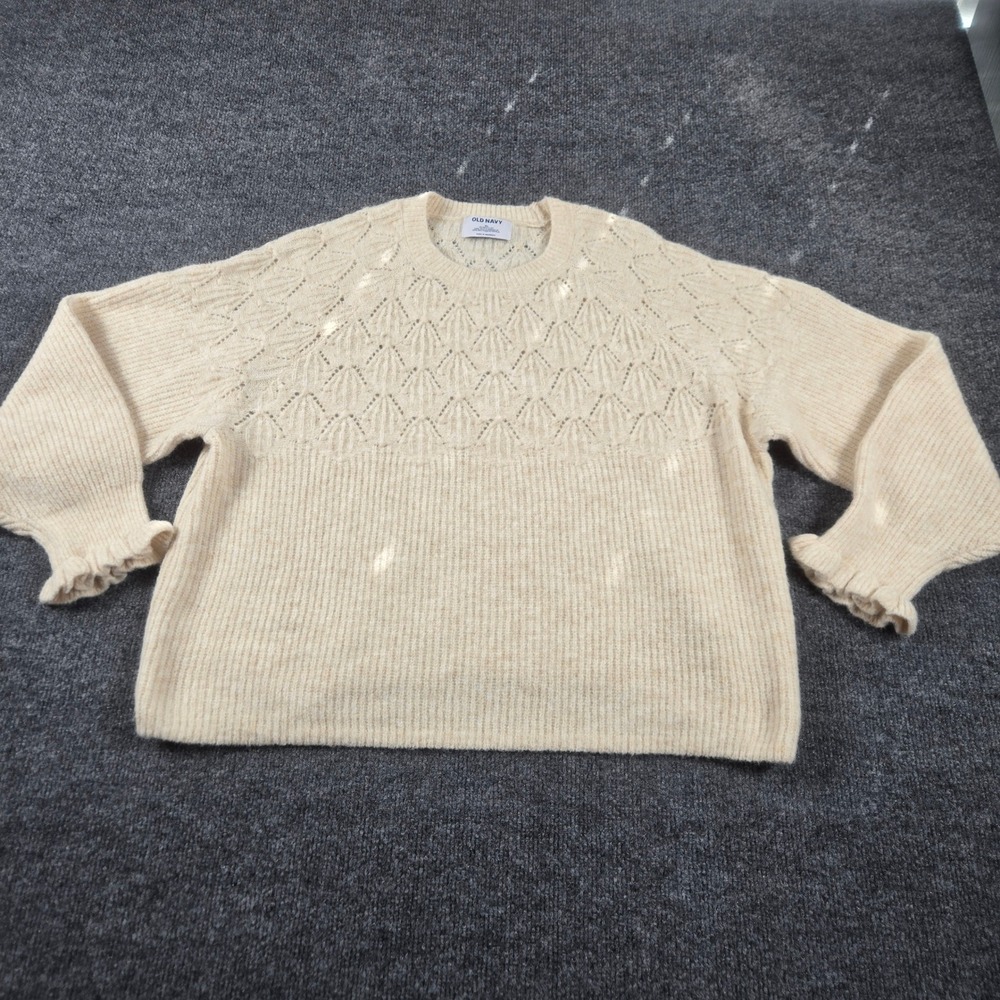 Old Navy Pointelle Yoke Sweater Womens XL Cream Ruffle Cuff Recycled
